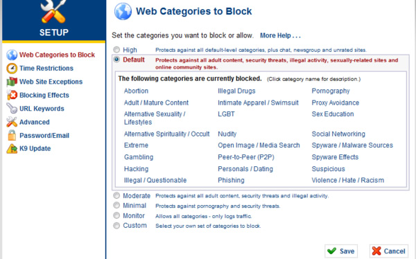 K9 Setup Web Categories to Block