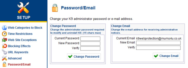 K9 Setup Password and Email
